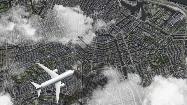 Airplane Flying over Canal Ring, Amsterdam, Netherlands and Clouds. Aerial Airplane scenes. Jet Flying Over City. Aerial City Animation, Vox Style Map Animation 4K