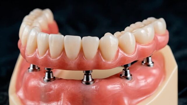 Dental implant bridge model showing artificial teeth and titanium posts, suitable for clinical presentation, medical education, advertising, and research.