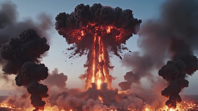 Explosive mushroom cloud rises dramatically from ground, surrounded by billowing smoke and fiery debris, showcasing the intense aftermath of a large-scale explosion in a desolate landscape