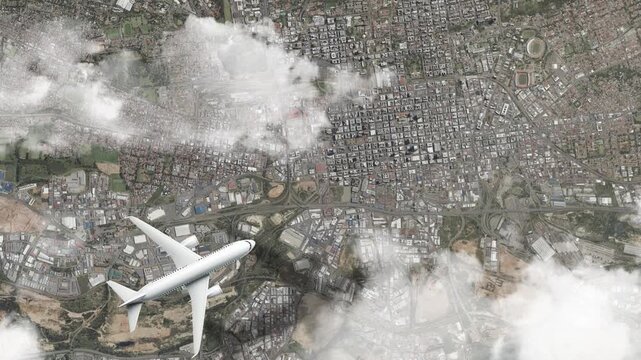 Airplane Flying over Nelson Mandela Square, Johannesburg, South Africa and Clouds. Aerial Airplane Scenes. Jet Flying Over Iconic Landmark and City Skyline. Aerial City Animation &ndash; Vox Style Map 4K