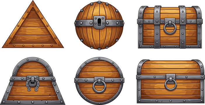 Wooden treasure chest vector set with metal frames, fantasy game storage containers collection, detailed cartoon crates and barrels isolated on white background