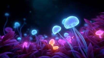 Naklejka premium Surreal neon jelly landscape with glowing mushrooms and drifting luminous spores