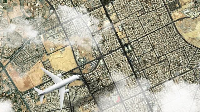 Airplane Flying over Kingdom Centre Tower, Riyadh, Saudi Arabia and Clouds. Aerial Airplane Scenes. Jet Flying Over Modern Landmark and City Skyline. Aerial City Animation &ndash; Vox Style Map Animation 4K