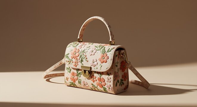 Floral Pattern Handbag with Shoulder Strap and Gold Hardware, Fashionable Women's Accessory