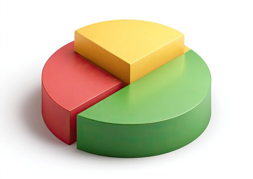 3D rendered pie chart with red, yellow, and green segments on white