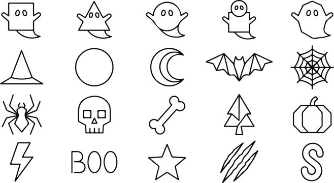 Minimalist Halloween line icon set featuring geometric ghosts, spooky symbols, and holiday elements on a white background.