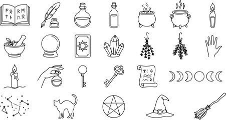 Mystical witchcraft and magic line icon set featuring potion bottles, tarot cards, crystals, cauldrons, and occult symbols in a clean minimalist style. © PNG Stock world 