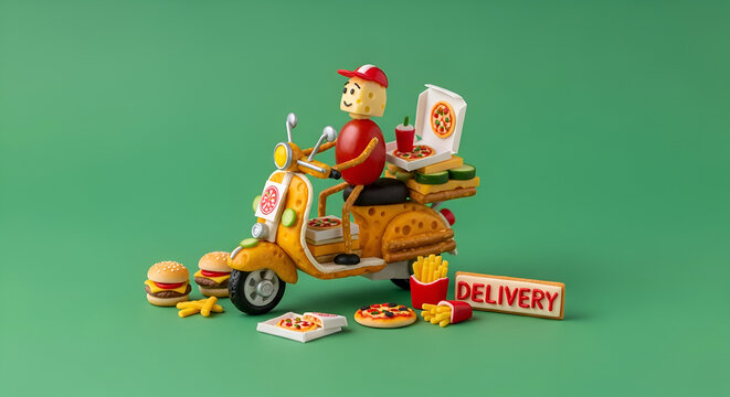 This image shows a decorative food delivery set featuring a stylized delivery rider on a scooter, surrounded by small toy versions of pizza, burgers, and fries.