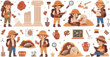 Cute Kid Archaeologist Character Set with Fossil, Ancient Ruins, Artifact, Magnifier, and Excavation Tools for History and Science Designs © MDTaharul