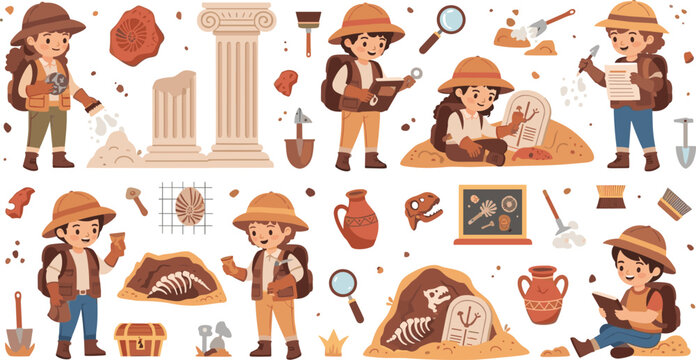 Cute Kid Archaeologist Character Set with Fossil, Ancient Ruins, Artifact, Magnifier, and Excavation Tools for History and Science Designs