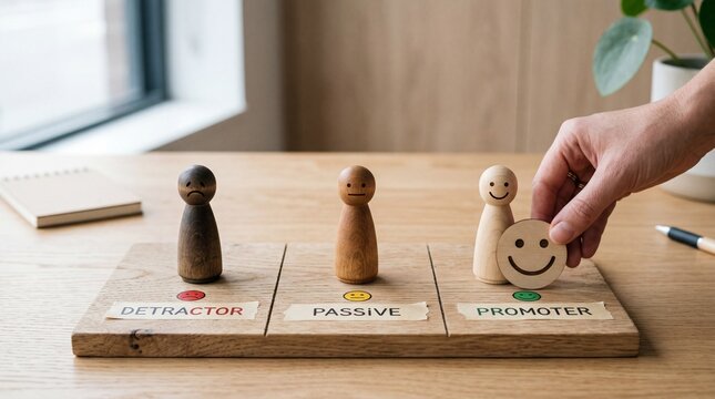 A hand placing a wooden figure on a board labeled detractor, passive, and promoter in a modern office setting.