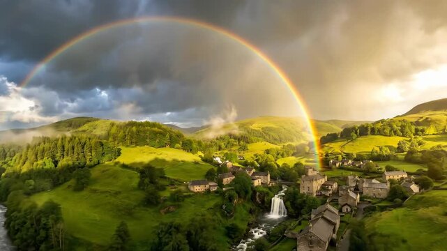 Vibrant Double Rainbow Arches Over Lush Green Valley Village with Waterfall