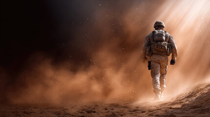 Obraz premium Soldier walking alone through a dust filled, hazy battlefield, wearing camouflage combat uniform and helmet, representing courage, perseverance, and military conflict