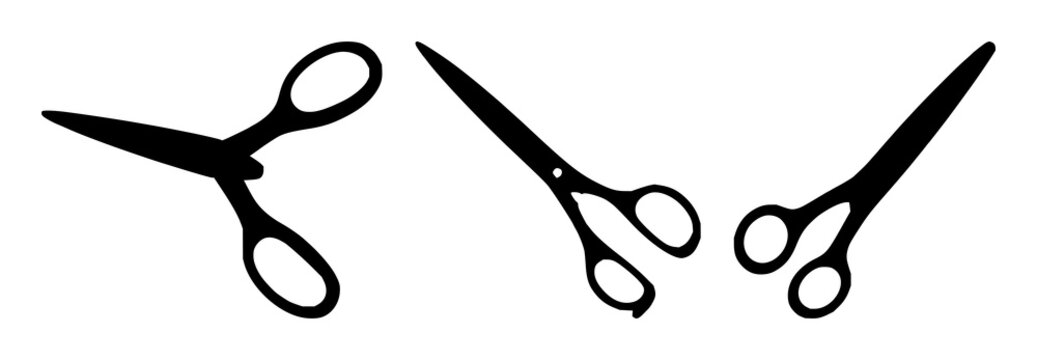 Scissors set with single black silhouette in white background featuring kitchen tools, office supplies, craft equipment with scissors blades and handles