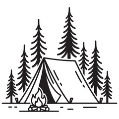 Obraz premium Minimalist camping tent and campfire in a pine forest vector illustration for outdoor adventure branding