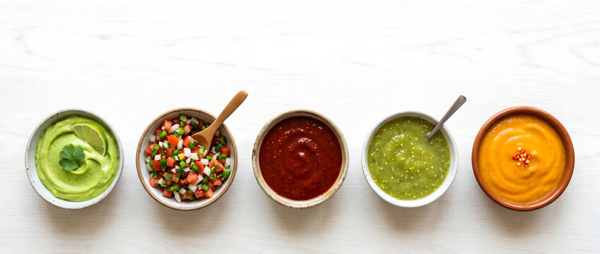 Row of colorful salsa bowls with clean banner space, top view