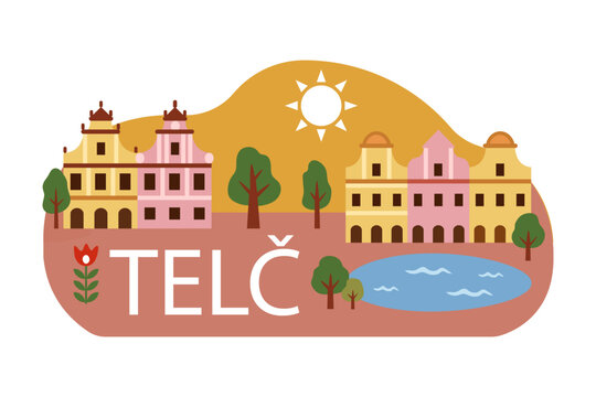 Telč historic town sticker. Czech folk travel flat vector