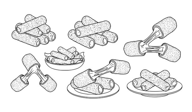 Mozzarella sticks line art vector icon set crispy cheese snack on white
