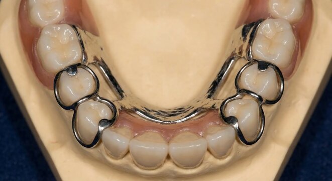 Removable cast metal partial denture framework on lower jaw dental model.