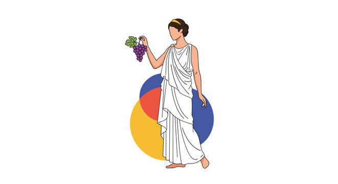 Elegant woman dressed in a white ancient Greek chiton holding a cluster of purple grapes against a background of colorful circles.