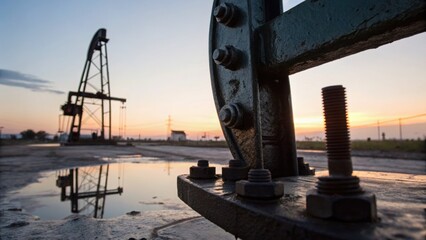 Fototapeta premium Oil pumpjack with reflective water pool at sunset in an industrial landscape.