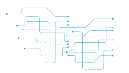 Obraz premium Minimalist blue circuit connection diagram with layered pathways and small square nodes minimalist circuit connection