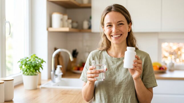 Smiling young woman holding a blank white supplement bottle and glass of water in a modern kitchen