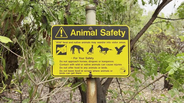 Yellow and black warning sign with animal icons dingo, kangaroo, horse, bird at a billabong wetland in Northern Territory, Australia. Travel safety concept in remote outback nature.