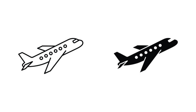 Commercial airplane travel icon set in flight with windows in clean minimalist black and white vector style for aviation tourism and transportation industry design projects