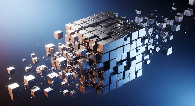 Abstract 3D cube dissolving into smaller cubes, representing data fragmentation, digital transformation, and technological breakdown.