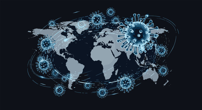 Global world map illustration showing the spread of virus particles during a pandemic against a dark background, representing a health crisis.
