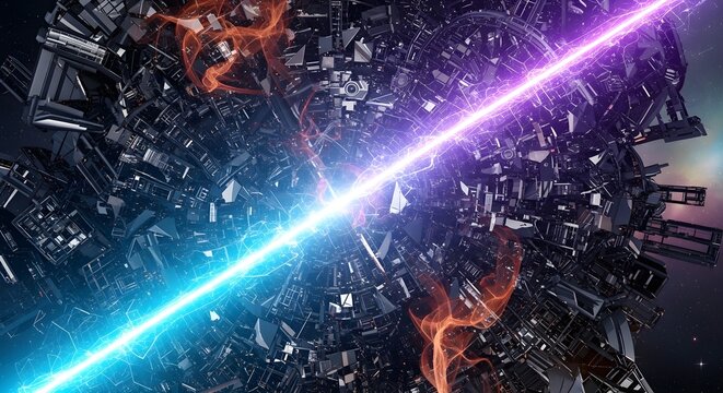 Abstract futuristic sphere with intersecting blue and purple laser beams, digital art, sci-fi concept, energy explosion