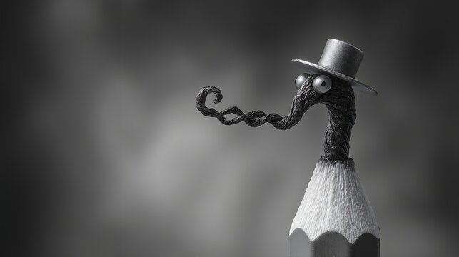 Surreal pencil portrait with tangled curly graphite nose and whimsical hat