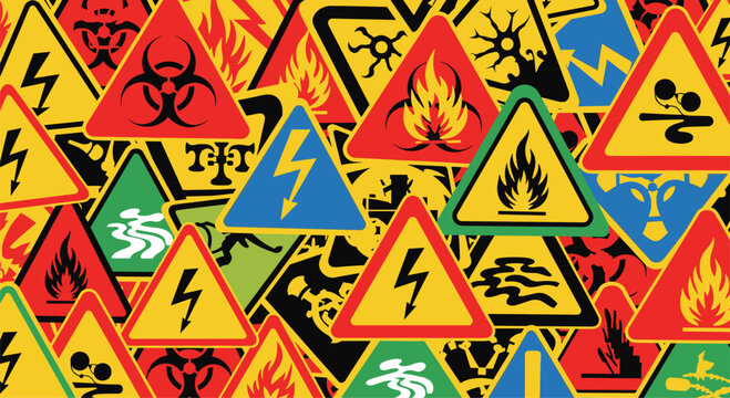 Collage of various hazard warning signs including biohazard radiation high voltage and flammable symbols in yellow red and blue hues.