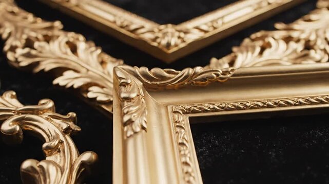 Ornate gold baroque picture frames on black background