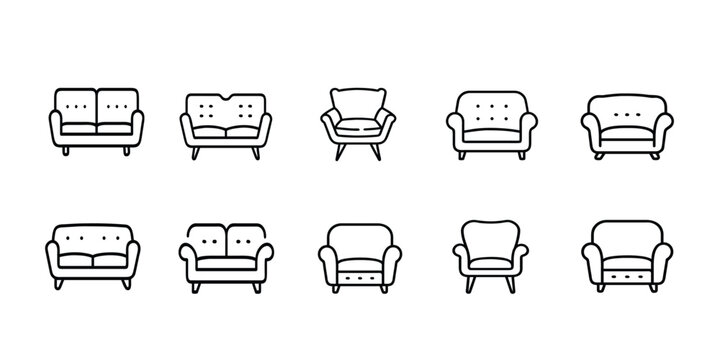 Sofa web line icons set armchair furniture couch living room interior comfortable seat upholstery lounge chair web line icons set & more vector illustration with editable stroke