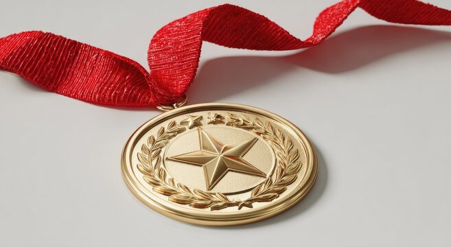 A gleaming gold medal with a red ribbon against a white background