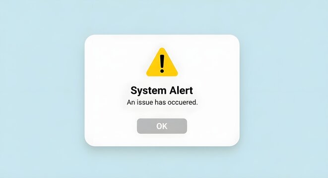 System Alert pop-up window with a yellow warning icon, displaying 'An issue has occurred' and an 'OK' button. Digital computer error notification or problem.