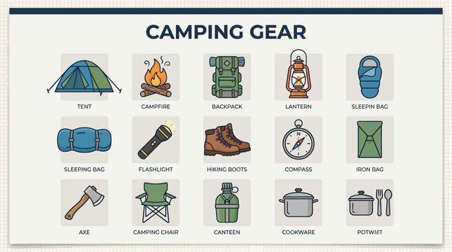 Camping gear illustration shows various outdoor equipment on flat surface