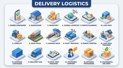 Fototapeta premium The isometric icon sheet depicts various delivery logistics elements including cargo, forklift, truck, tracking, planning, and shipping.