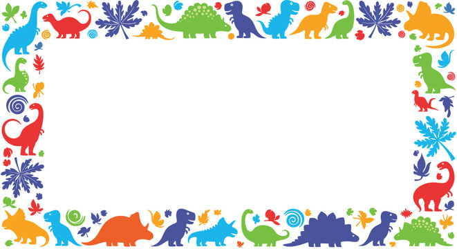 Fun children's frame border made of colorful dinosaur silhouettes, leaves, and spirals including t-rex and stegosaurus.