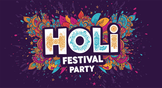 Vibrant Holi festival party announcement with bold white typography on a dark purple background decorated with colorful paint splatters and patterns.