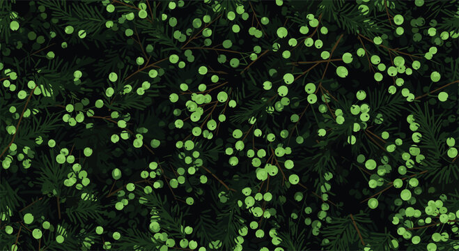 Seamless background pattern of bright green berries growing on dark pine tree branches against a solid black backdrop for a moody natural look.