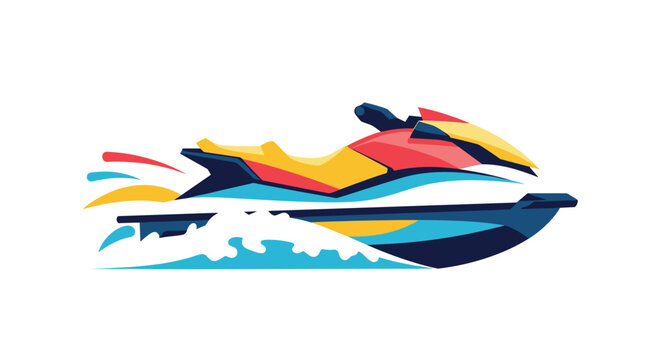 Modern colorful vector illustration of a powerful jet ski speeding through blue ocean water with white splashes and waves.