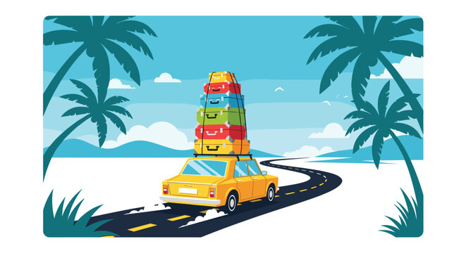 Yellow vintage car driving along a winding coastal road with a huge stack of colorful suitcases tied to its roof.