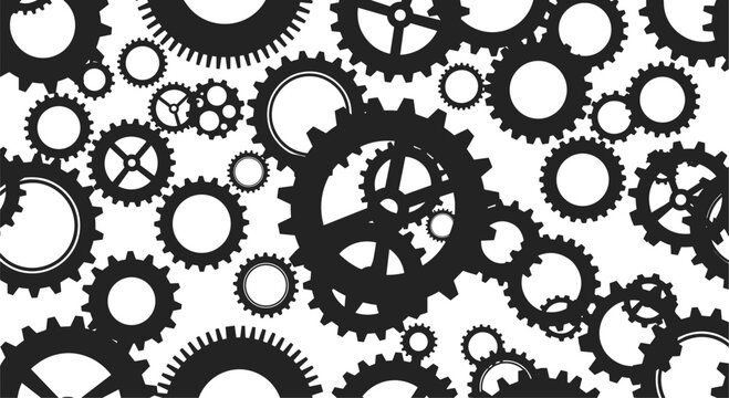 Professional seamless repeating pattern of various black mechanical gears and cogs in different sizes on a clean white field.