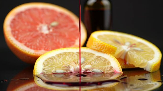 Red liquid pouring onto fresh lemon and grapefruit slices