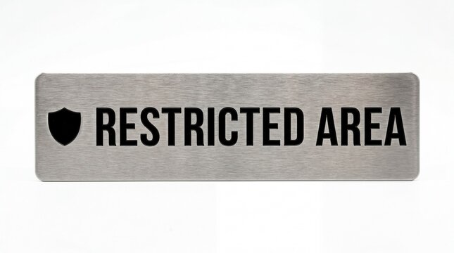 A metal sign indicating a restricted area with a shield logo