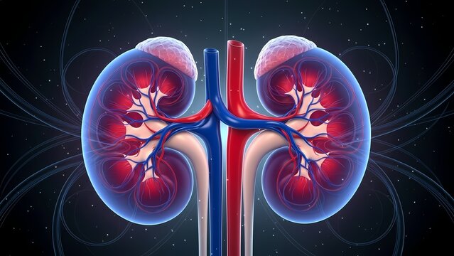 Detailed Human Kidneys Anatomy Illustration with Blood Vessels