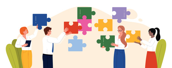 Fototapeta premium Business people collaborating to assemble large colorful puzzle pieces, symbolizing teamwork, problem solving, strategy partnership in modern office environment, isolated on white vector illustration